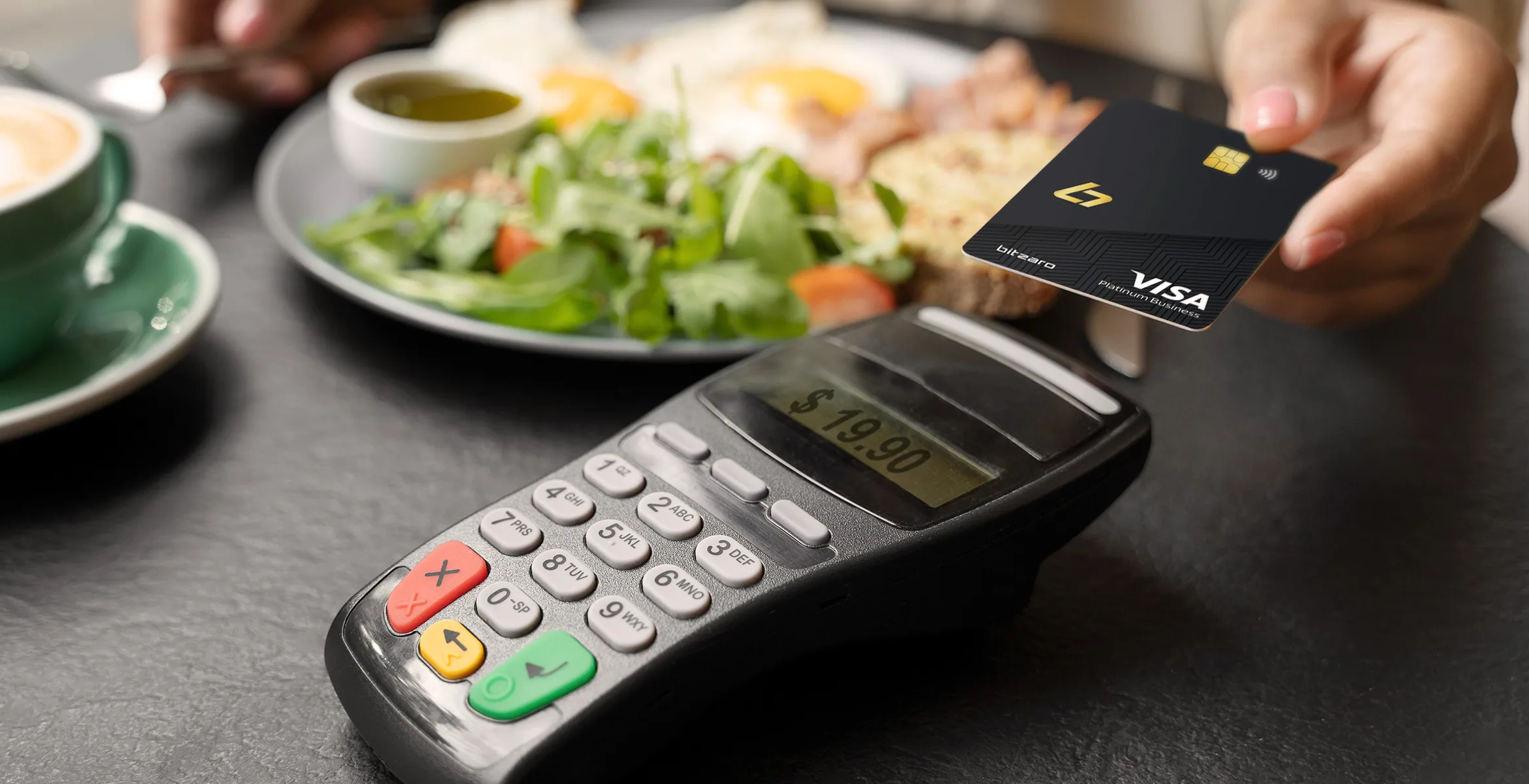 Tapping the Bitzaro Visa card at a terminal