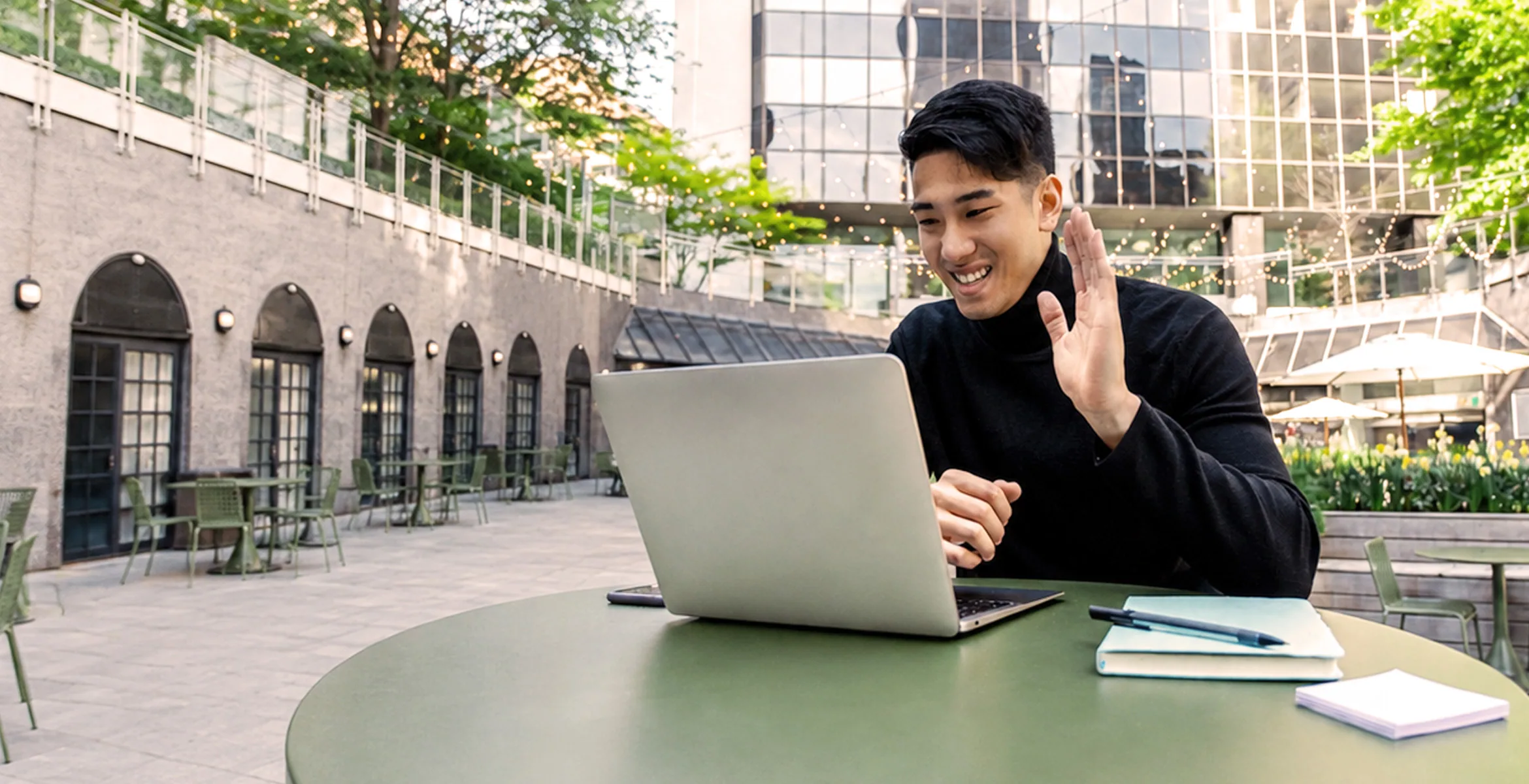 Working outdoors on a laptop